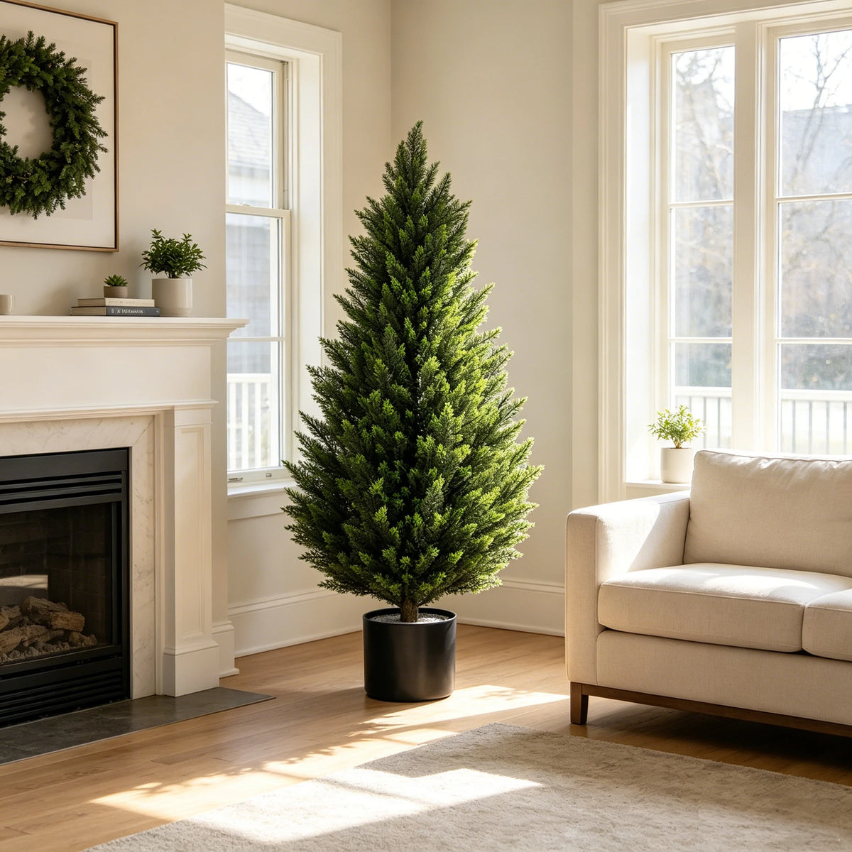 An artificial cedar topiary tree in a black pot stands in a bright, well-lit living room.