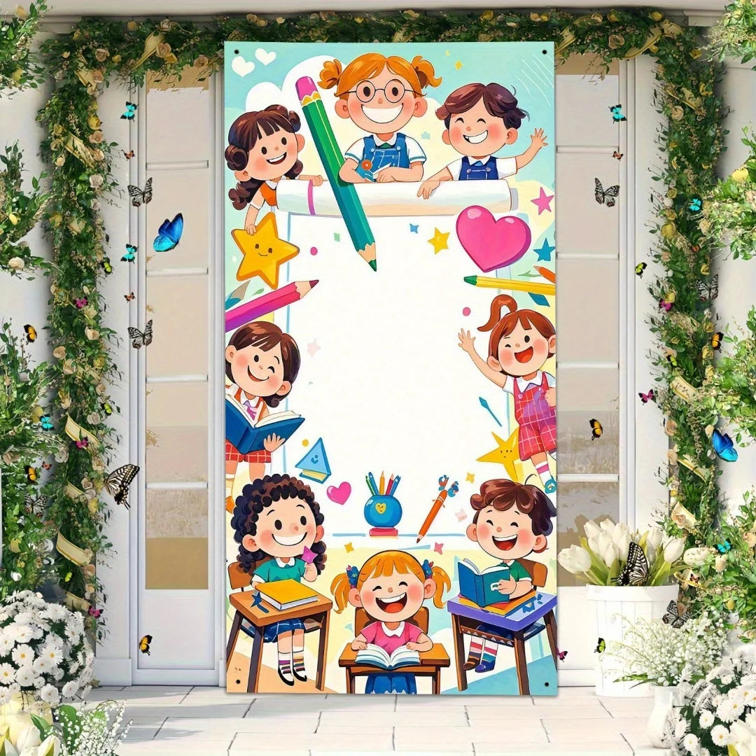 A colorful banner featuring smiling children, school supplies, and hearts for classroom or party decor.