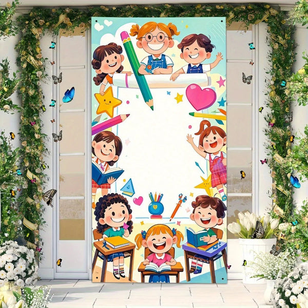 A colorful banner featuring smiling children, school supplies, and hearts for classroom or party decor.