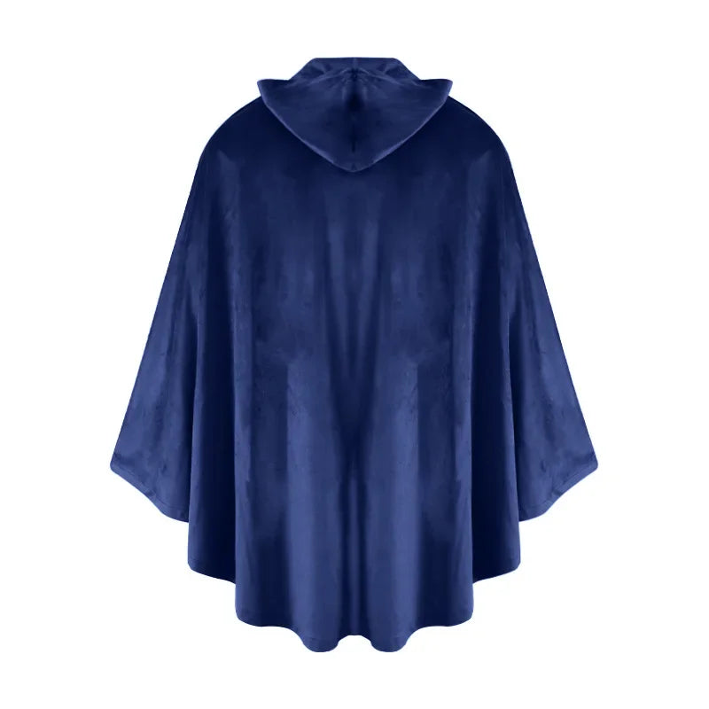 A deep blue velvet hooded cloak draped over a form.