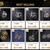 A collection of silver signet rings and necklaces featuring geometric and occult symbols for sale.