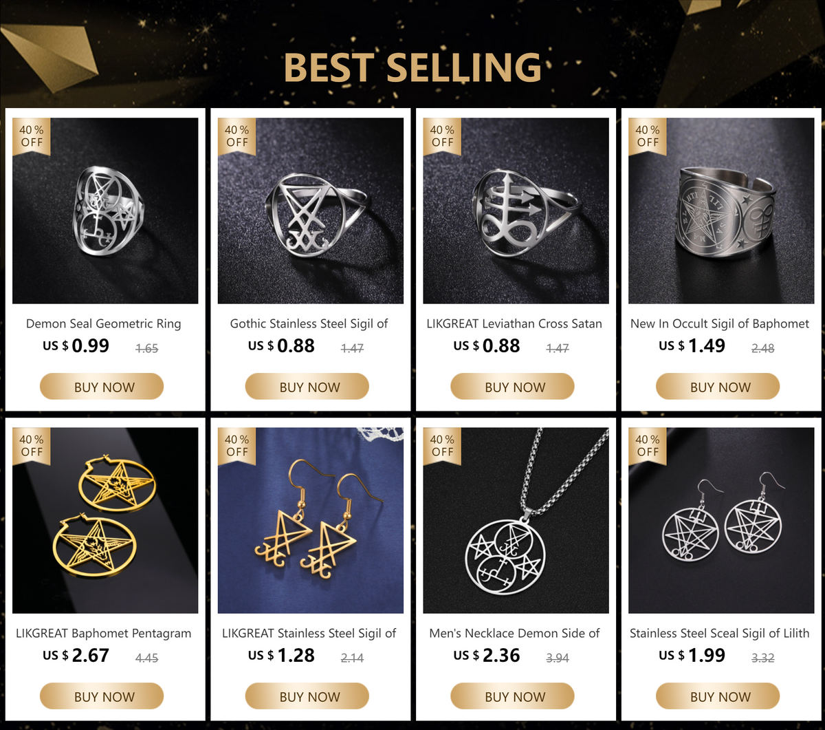 A collection of silver signet rings and necklaces featuring geometric and occult symbols for sale.