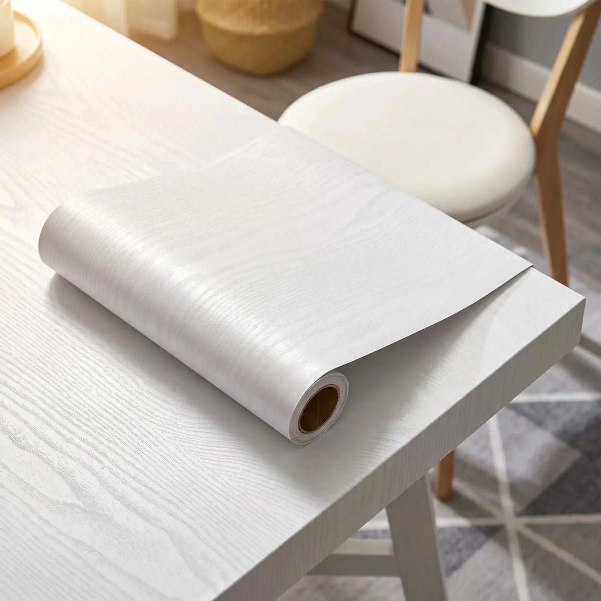 A roll of self-adhesive wood grain wallpaper lying on a white table.