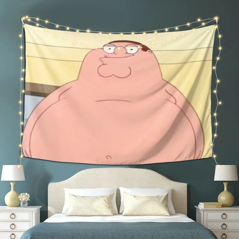 A large tapestry featuring the character Peter Griffin in a cartoon style hanging above a bed.