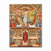 Peinture représentant la Cène avec Jésus sur la croix entouré de figures.