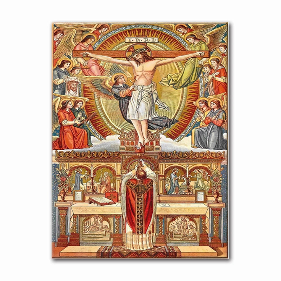 Peinture représentant la Cène avec Jésus sur la croix entouré de figures.