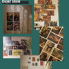A display of retro kraft paper movie posters and wall art featuring various film scenes and imagery.