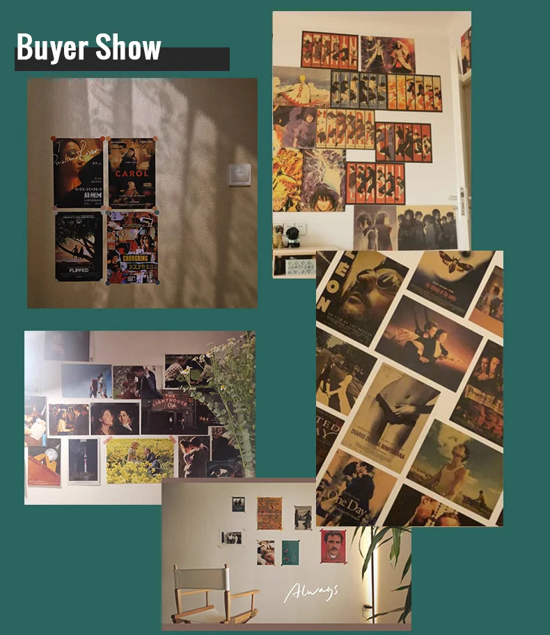 A display of retro kraft paper movie posters and wall art featuring various film scenes and imagery.