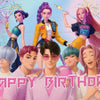 A colorful backdrop featuring several anime-style characters celebrating a happy birthday.