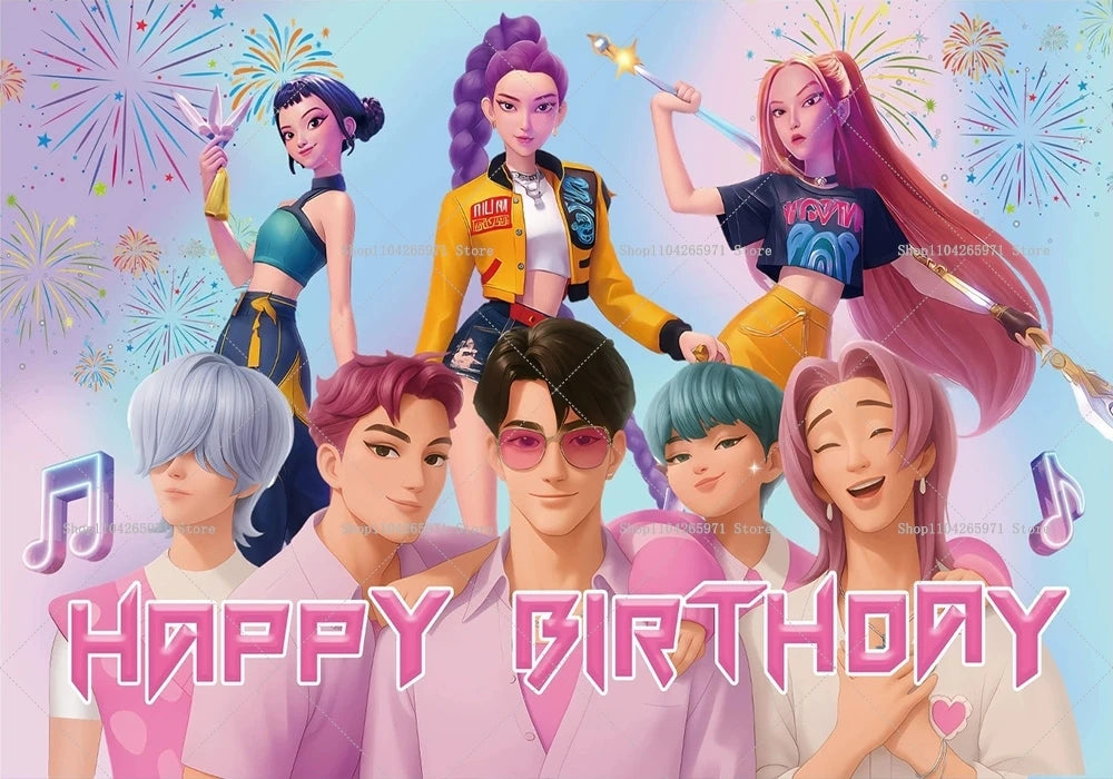 A colorful backdrop featuring several anime-style characters celebrating a happy birthday.