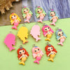A collection of resin mermaid princess charms in various shades of pink, green, and blue for jewelry making.