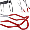 Stainless steel canning jar lifters in red and black, shown with various grips.