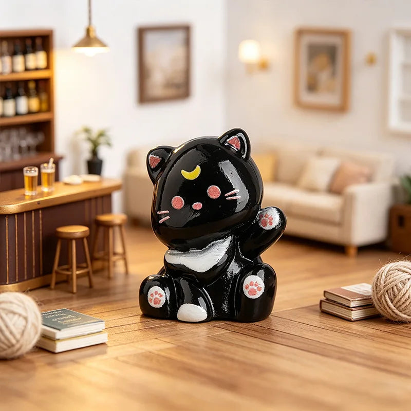 A black and white resin figurine of a sleeping cat with pink accents sitting on a wooden table.