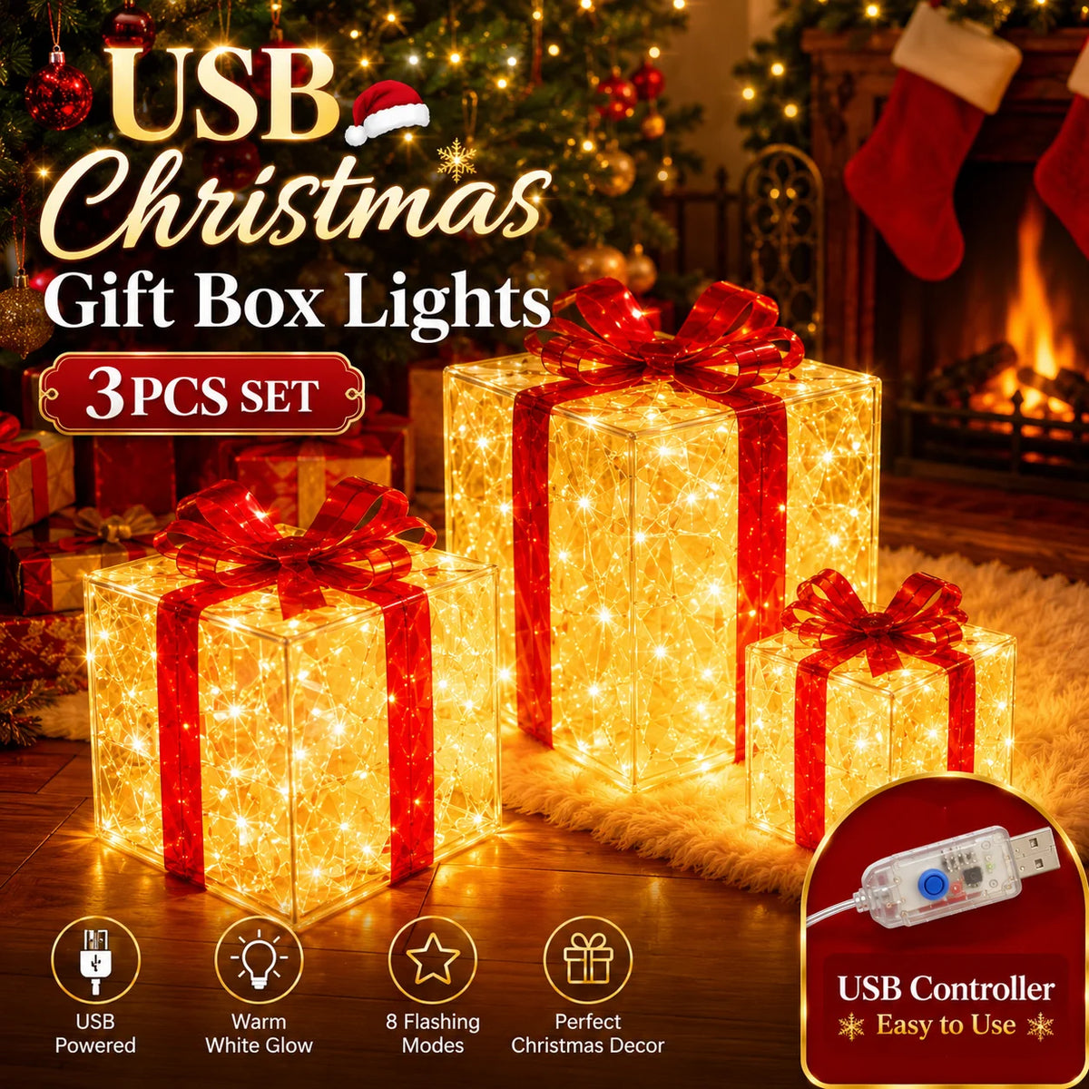 A set of three glowing red LED gift box lights with USB power and Christmas decor elements.