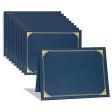 A stack of ten classic blue certificate holders with gold foil frames.