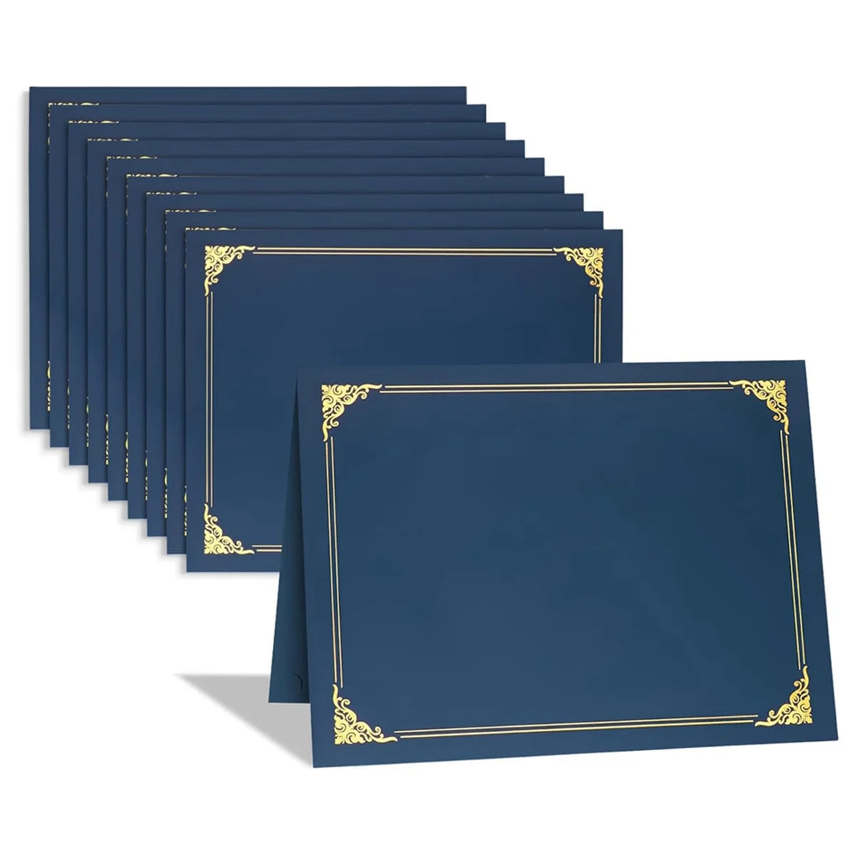 A stack of ten classic blue certificate holders with gold foil frames.
