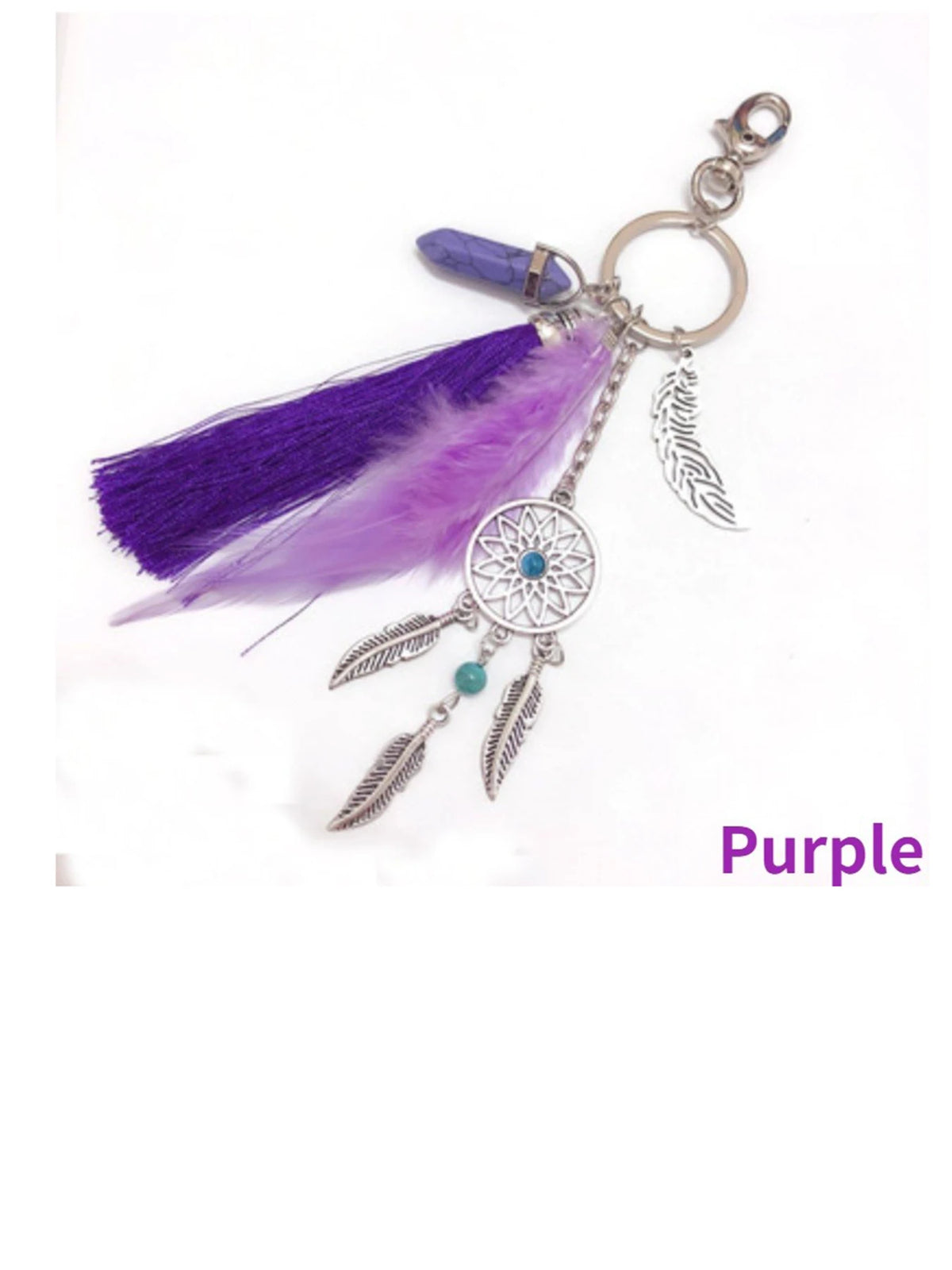 Bohemian dream catcher keychain featuring a purple feather tassel and silver accents.