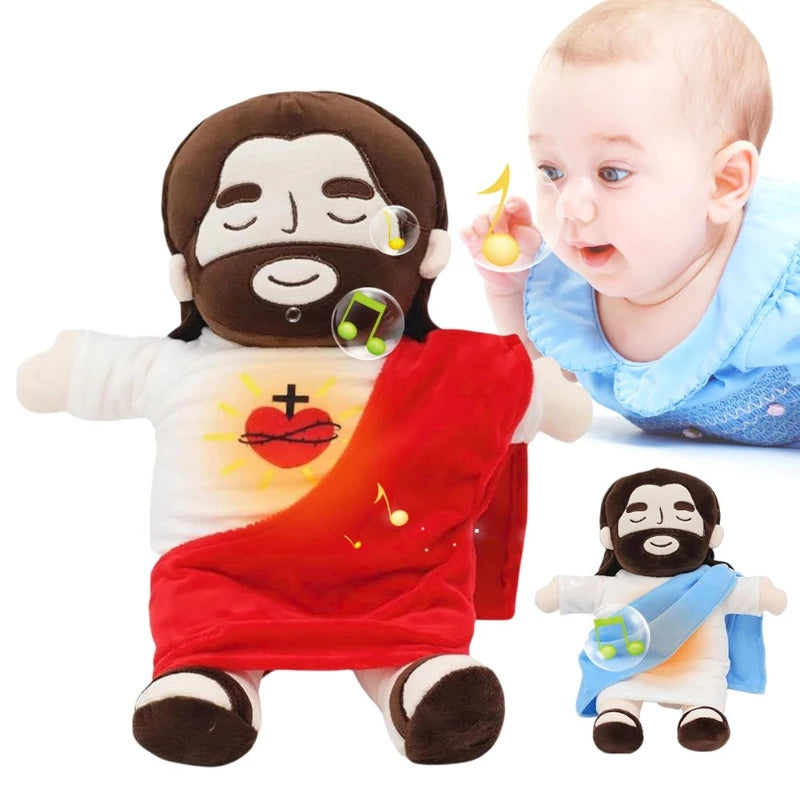 A plush doll depicting Jesus and the Virgin Mary with a red garment and blue clothing.