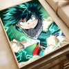 A vibrant anime poster of Izuku Midoriya Deku with green lightning effects, displayed in a wooden frame.