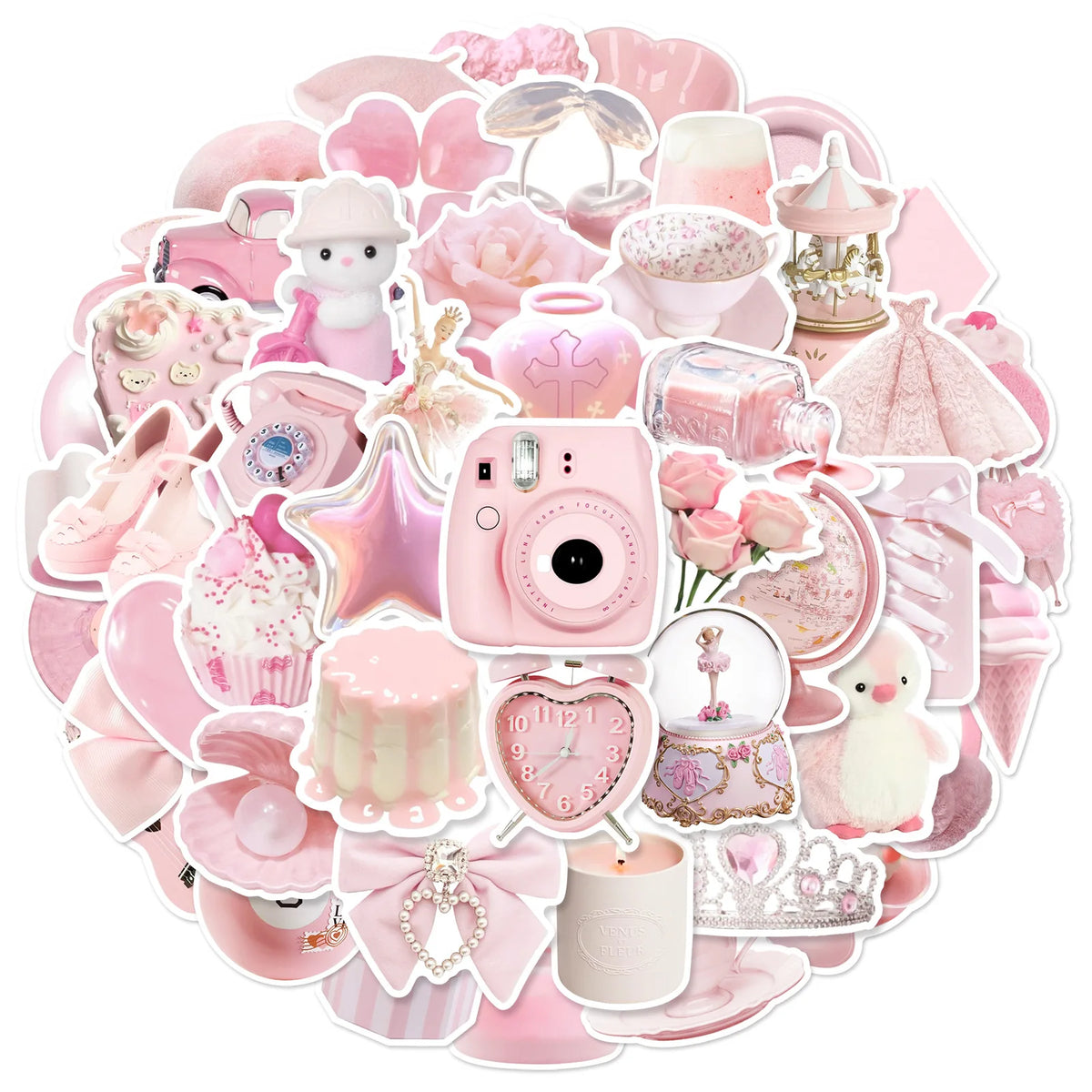 A collection of cute pink graffiti stickers and accessories including jewelry, lip balm, and decorative items.