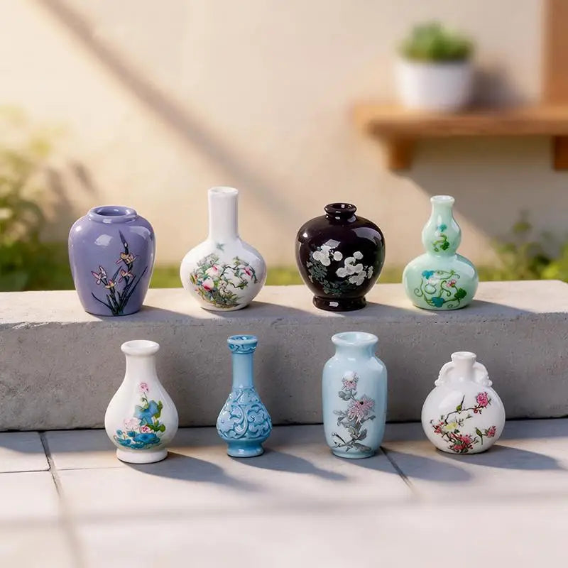 A set of eight mini resin vases in various colors and floral patterns displayed on a light surface.