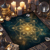 A dark green altar cloth featuring a glowing golden sacred geometry design on a wooden table surrounded by candles and crysta