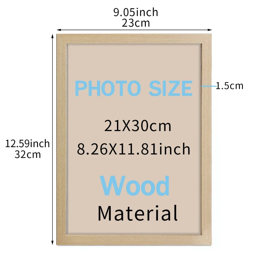 A light wood photo frame with a beige mat, measuring 9.05 inches by 12.59 inches.