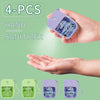 Four pieces of a dish soap hand sanitizer spray in various colors are shown being held over open hands.