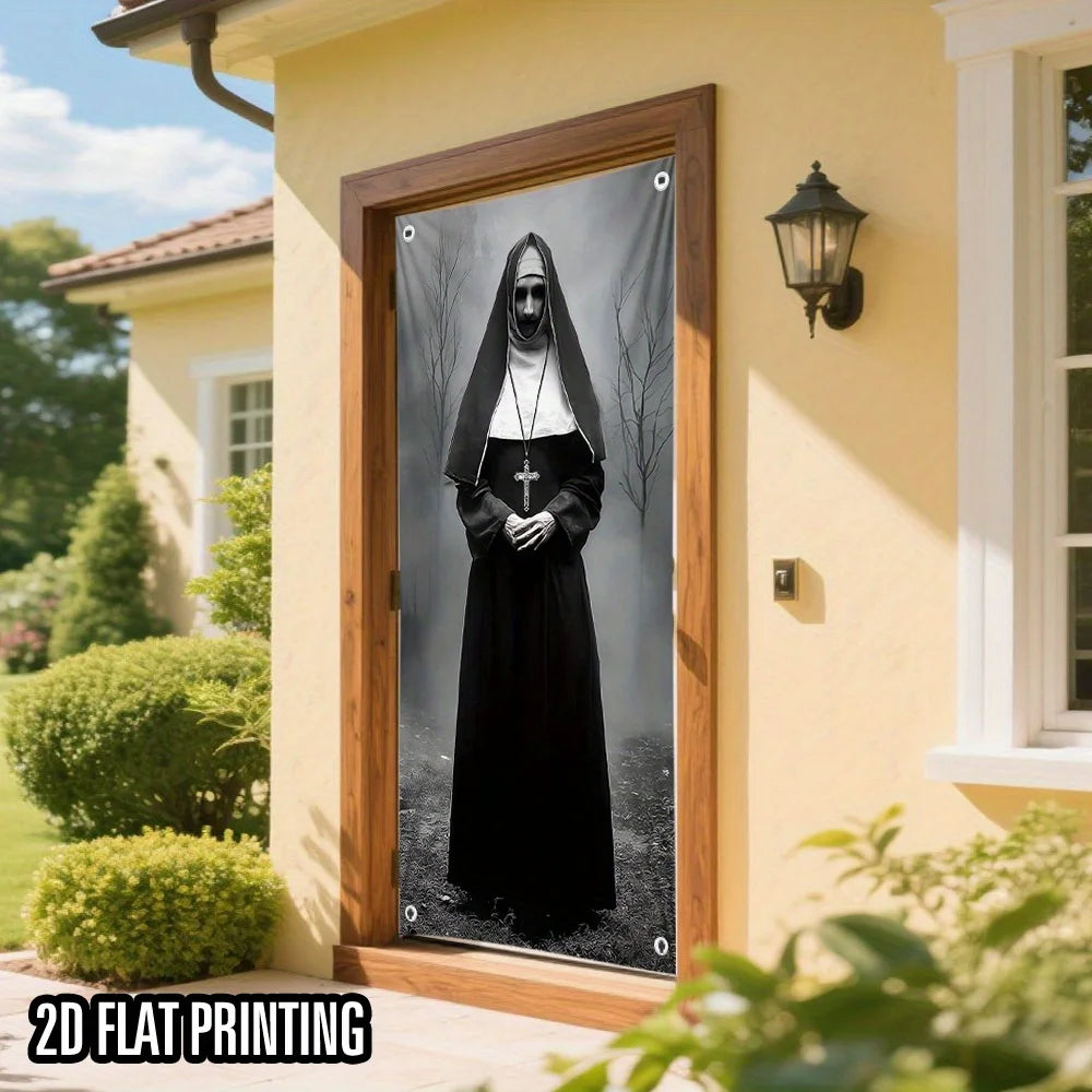 A vertical door banner featuring a black-robed nun with a mask and crucifix, displayed in a wooden frame on an exterior wall.