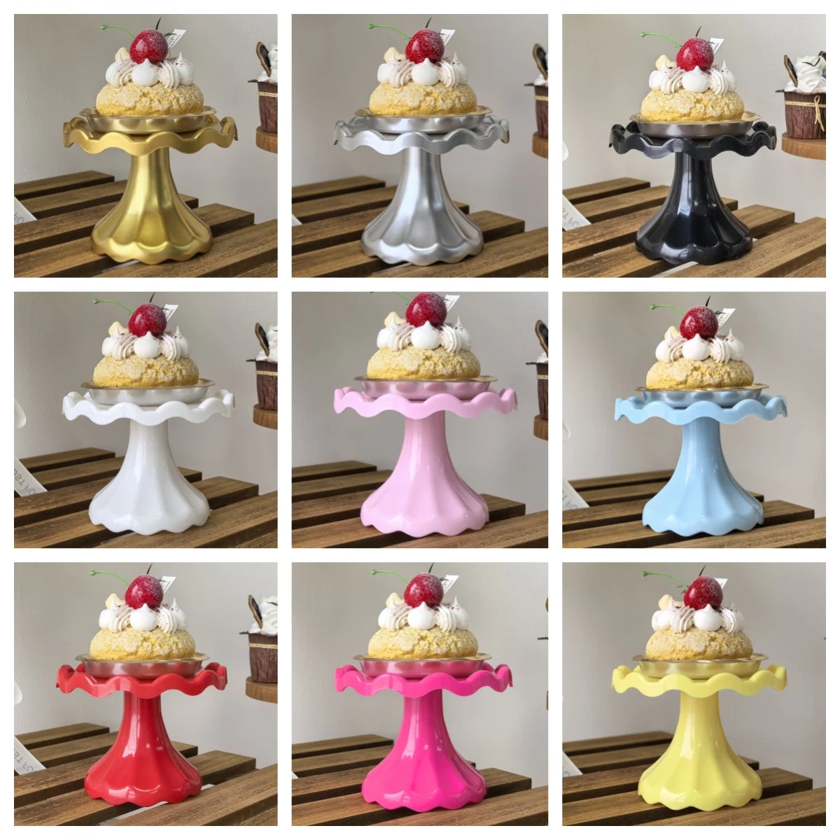 A collection of mini cupcake display stands in various colors and metallic finishes, shown on a wooden surface.