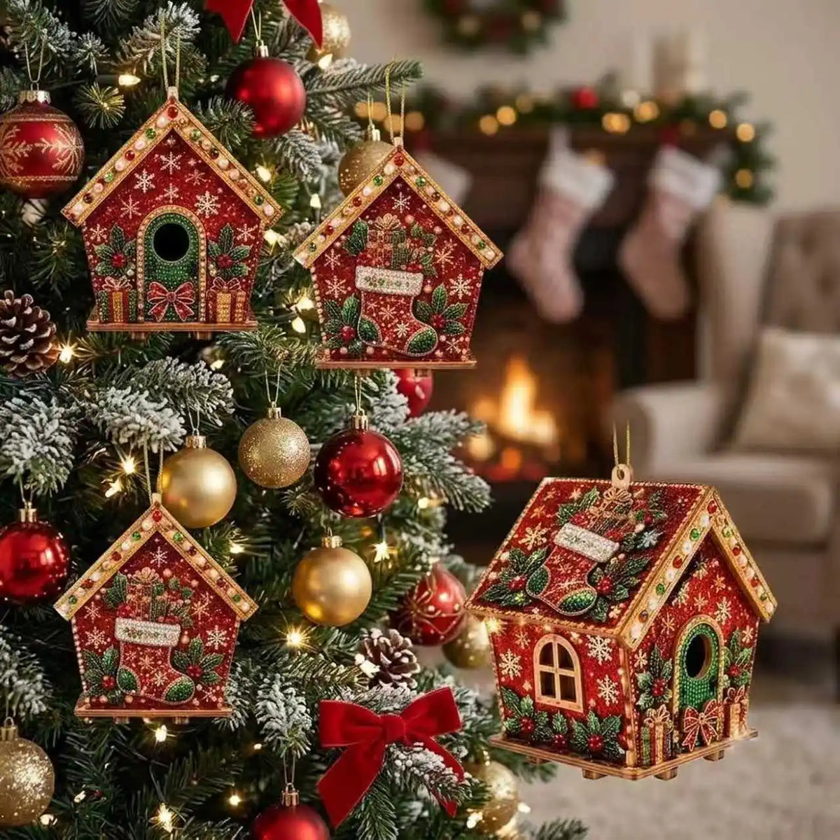 A decorated Christmas tree featuring handcrafted wooden cabin ornaments and red ornaments.