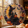 Halloween acrylic diamond painting kit featuring a black cat, moon, skull, and pumpkin designs arranged in a circular wreath.