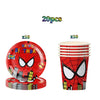 Ten red Spider-Man themed party plates and ten red cups with black and white spider designs