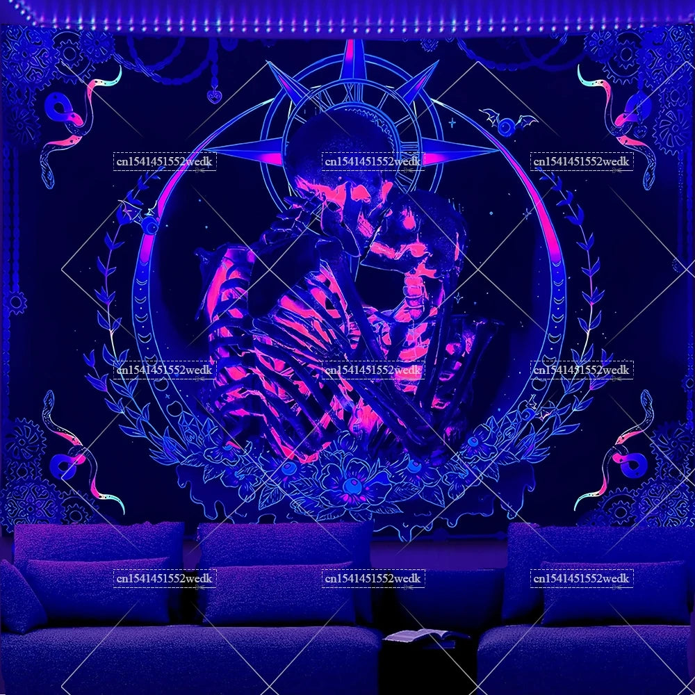 A dark blue tapestry featuring a glowing purple lotus design with intricate geometric patterns and celestial elements.