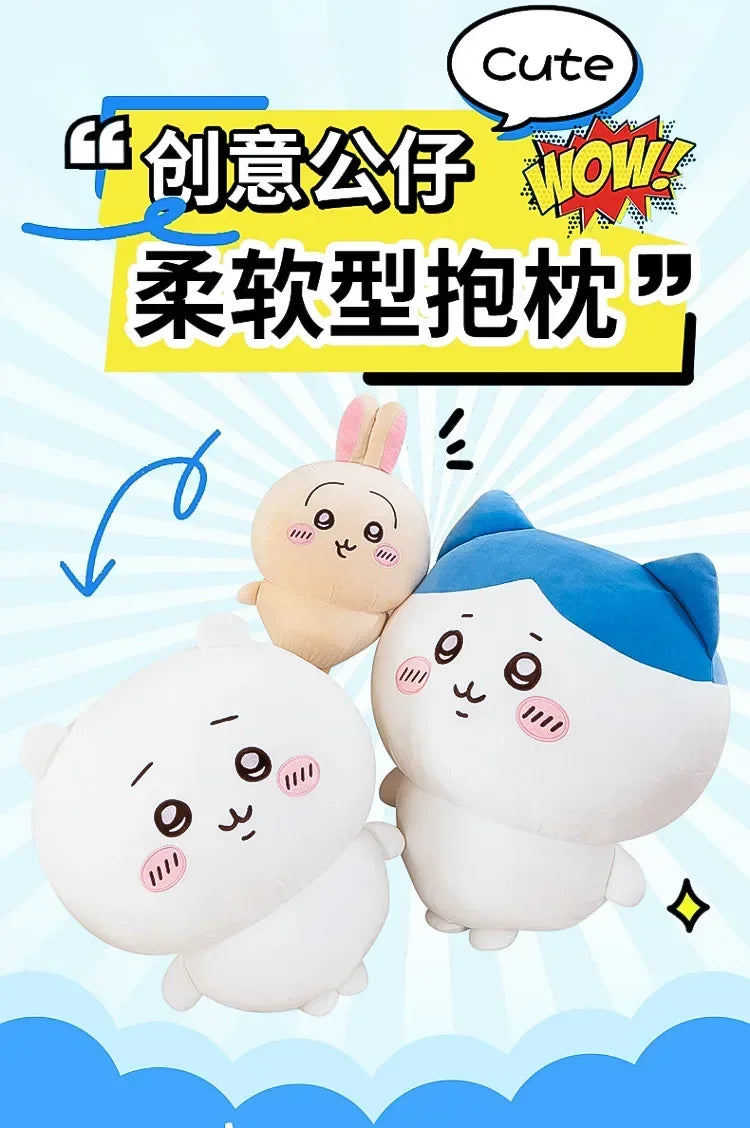 A set of three cute chibi-style plush dolls featuring characters from Chiikawa, including a rabbit and two other small animal