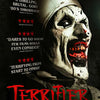 A movie poster featuring a menacing, bloody clown face with text reviews and the title Terrifier