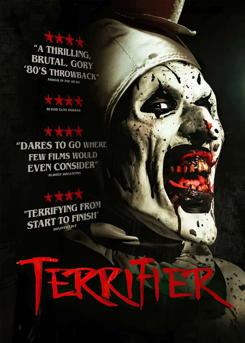 A movie poster featuring a menacing, bloody clown face with text reviews and the title Terrifier