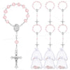 Mini baptism rosary favors with cross in assorted styles, featuring pink and silver beads.