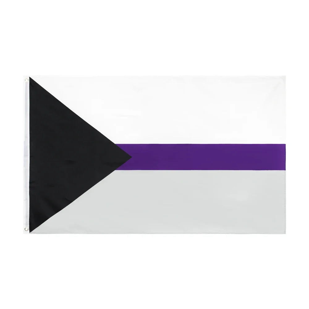 A horizontal flag design featuring black, white, and purple stripes.