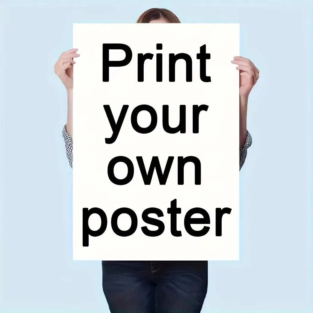A person holds up a white sign with the text Print your own poster.