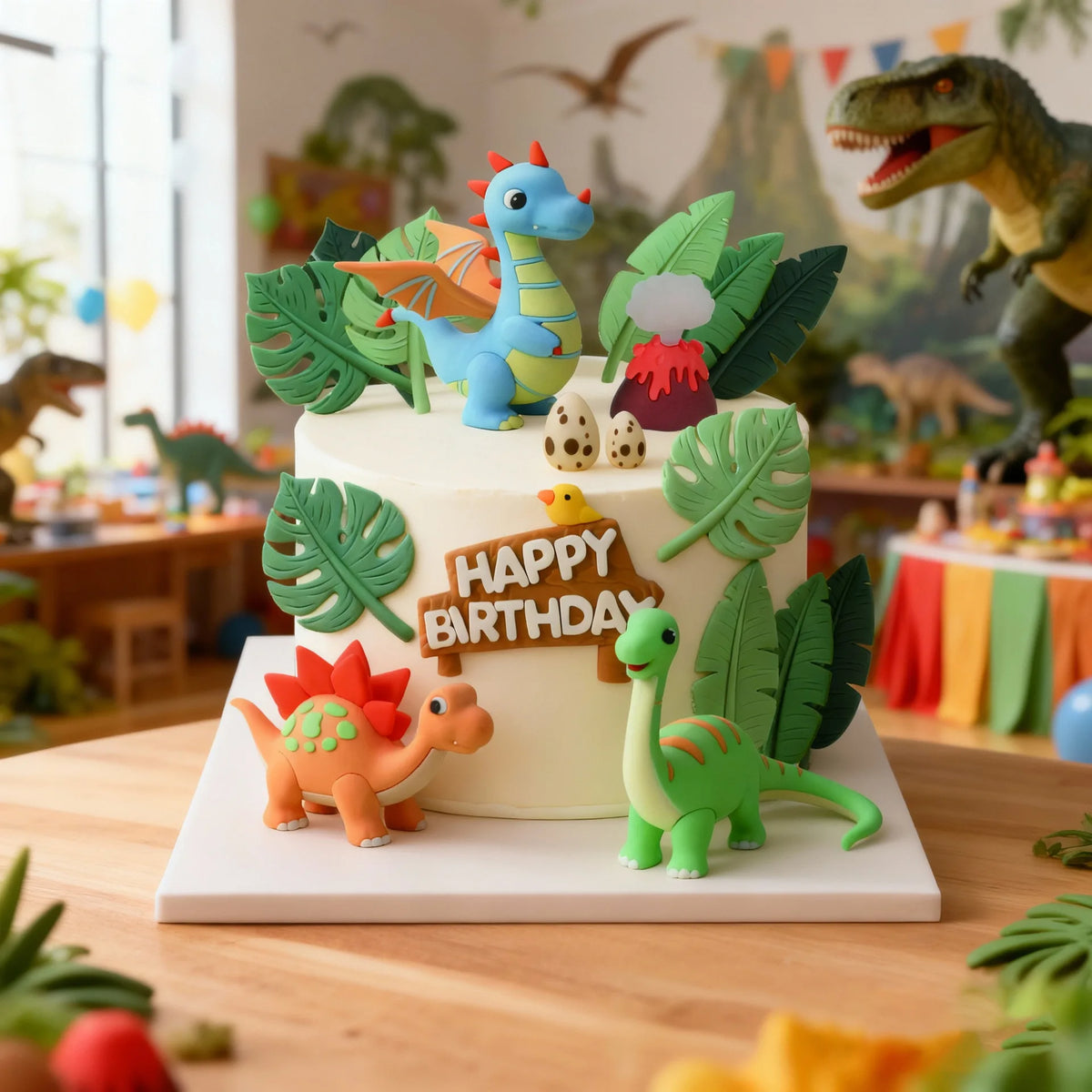 Pastel de varios niveles decorado con figuras de dinosaurios y follaje verde, con una figura de dinosaurio azul en la parte s