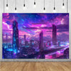 A vibrant night city skyline featuring illuminated high-rise buildings under a purple and pink starry sky.