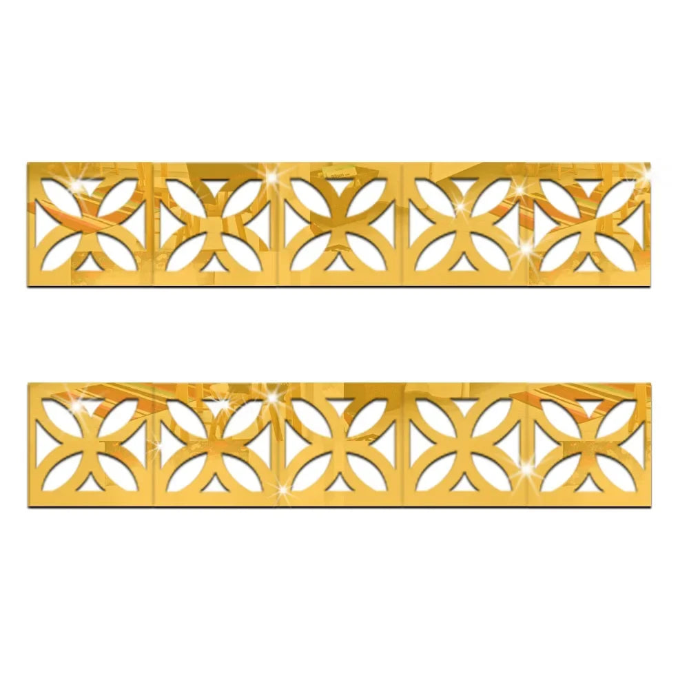 A set of ten gold acrylic mirror wall stickers featuring a decorative geometric pattern for trim and corners.