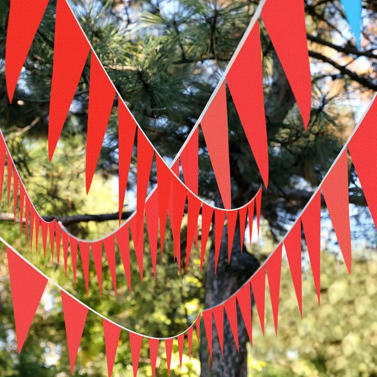 Red triangle bunting flags strung across a tree branch in an outdoor setting.
