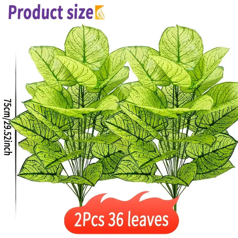 Two artificial floor plants with 36 green leaves displayed against a white background.