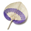 A peach-shaped bamboo woven hand fan with purple and natural straw colored sections.