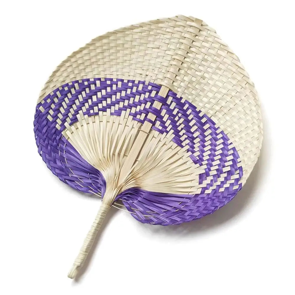 A peach-shaped bamboo woven hand fan with purple and natural straw colored sections.