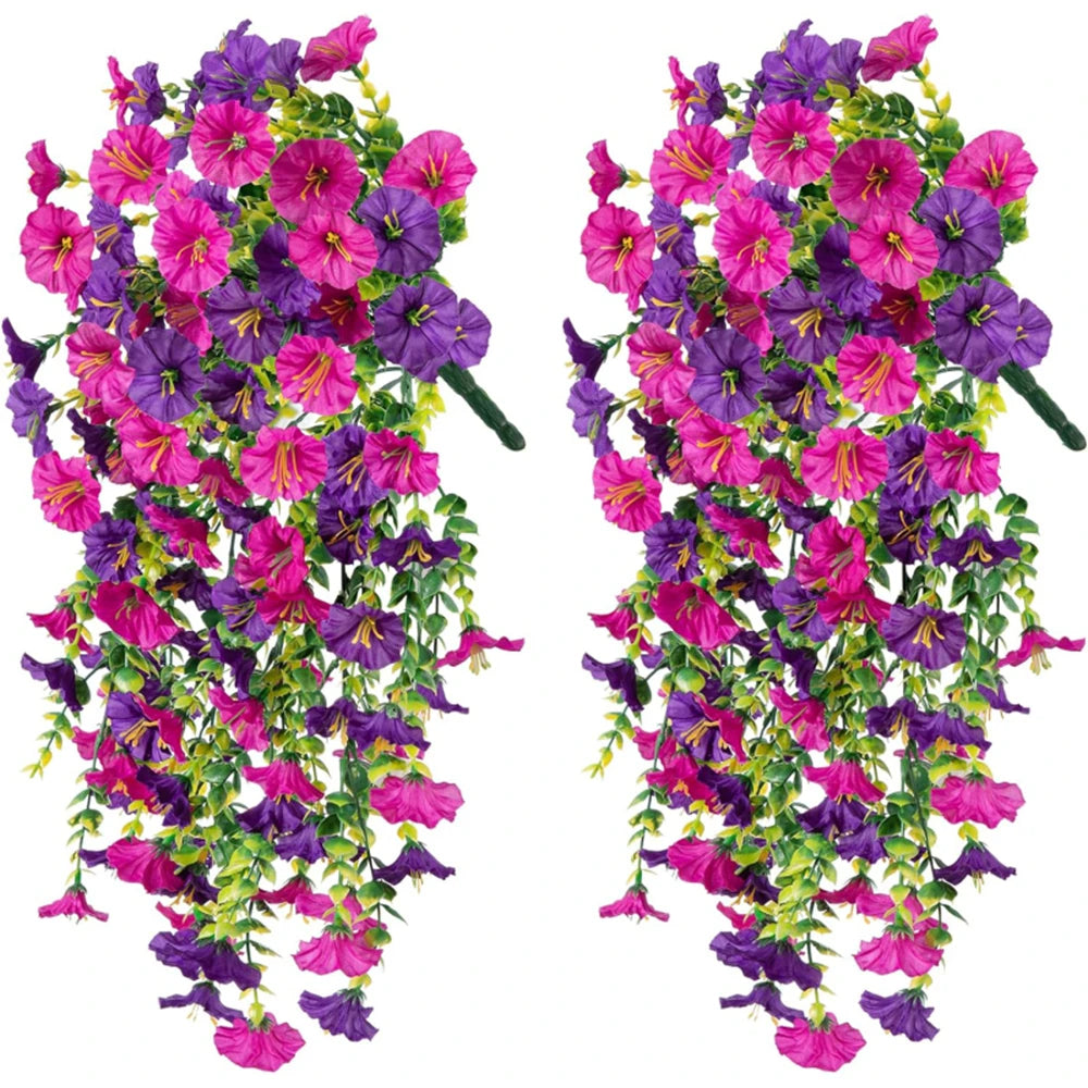 A vertical arrangement of artificial morning glory vines in shades of purple and pink for home decor