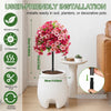 A pink artificial topiary ball flower plant is shown in a white pot, demonstrating user-friendly installation for outdoor use