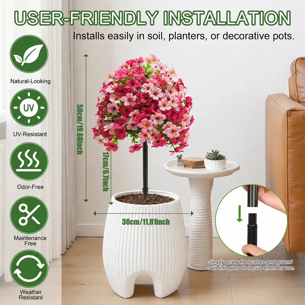 A pink artificial topiary ball flower plant is shown in a white pot, demonstrating user-friendly installation for outdoor use